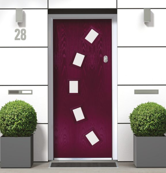 A burgundy composite door.