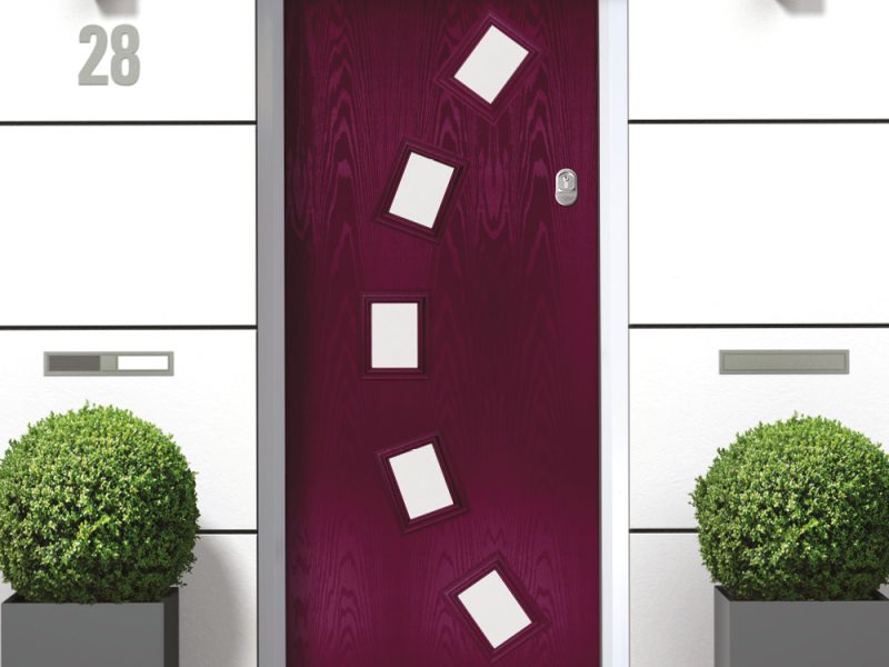 A burgundy composite door.