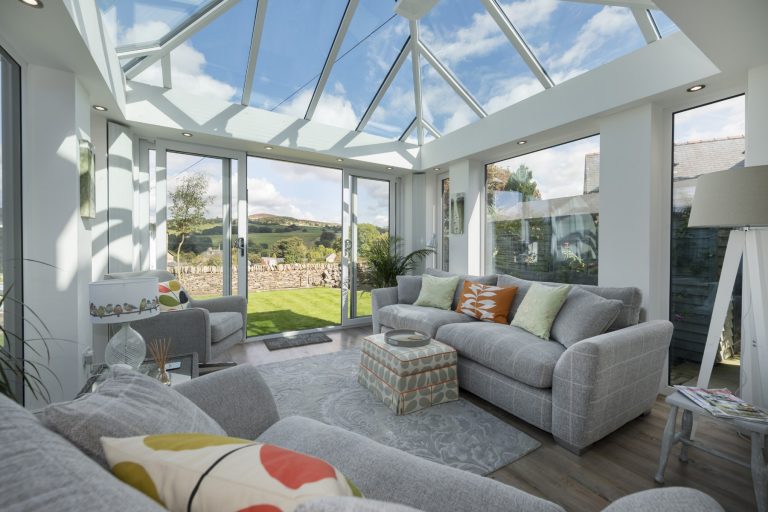A glass roof conservatory. 