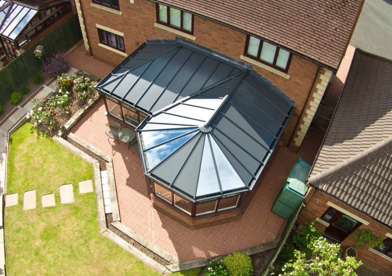 A birdseye view of a P shaped conservatory.